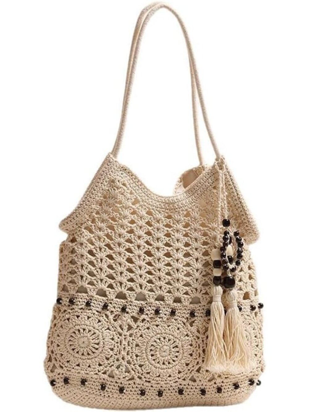 Women's Beige Crochet Hobo Bag Fashion Tassels Shoulder Bag Boho Beach Handbag